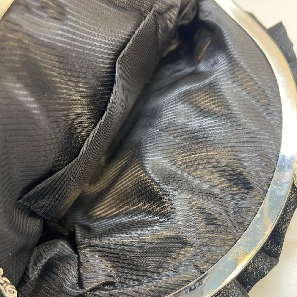 Black Satin Evening Clutch Purse Silver Frame Chain Strap Floral Ruffle Design - Picture 4 of 4